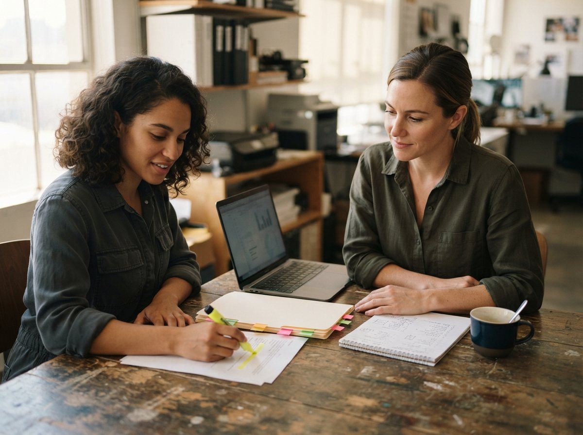 The same woman, same clothing and hair, now across a small table from a second person doing the work: a laptop turned to face