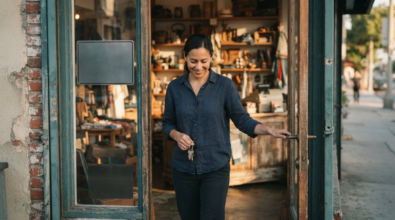 The same woman standing in the doorway of her own small business space in Los Angeles, hand on the door pushing it open