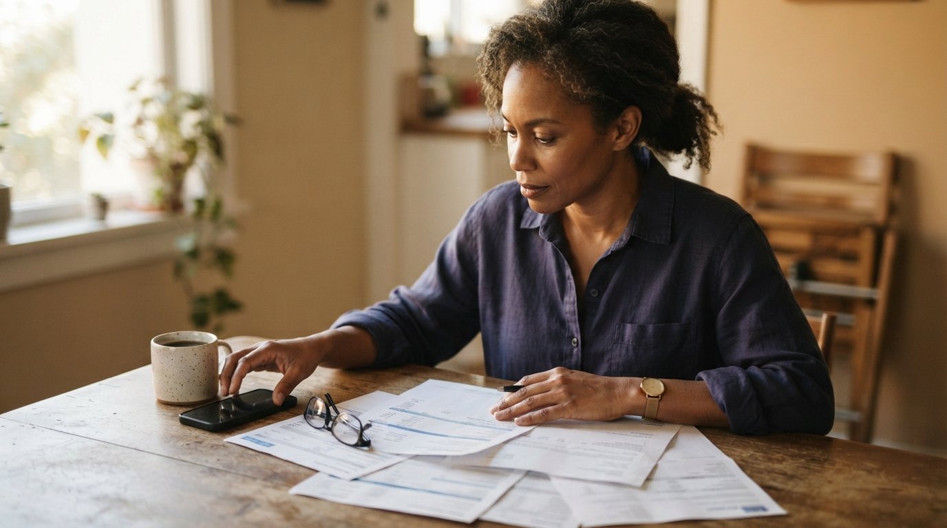 A Black woman in her forties sitting at her own kitchen table in a Los Angeles house, late-afternoon window light from camera
